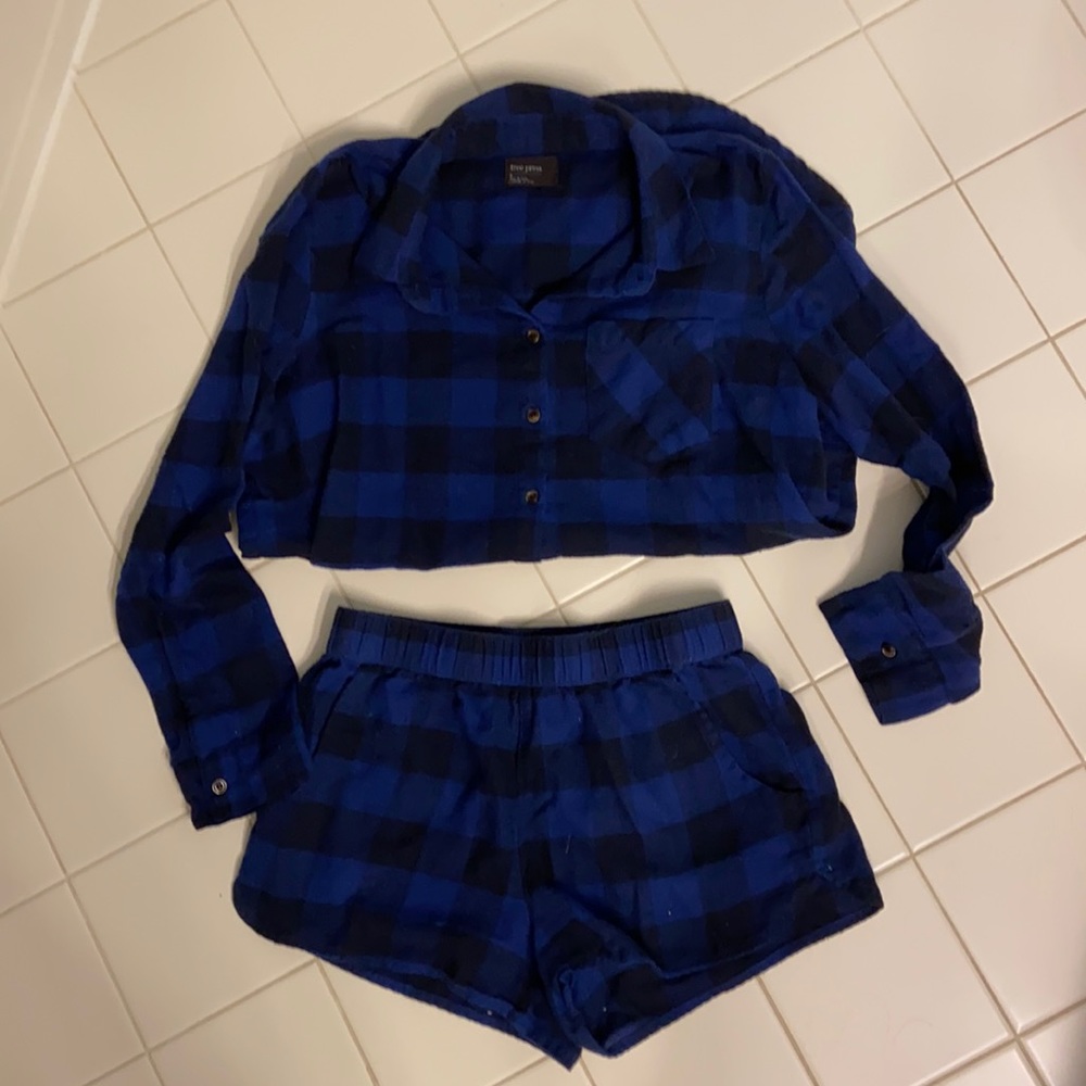 Blue plaid flannel pajama shorts set